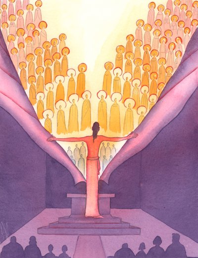 Messussa on kuin jättimäinen Kristus seisoisi alttarilla, ojentaakseen kätensä ja repiäkseen verhon, joka peittää taivaan maasta, 2005 (akvarelli paperille). tekijältä Elizabeth Wang