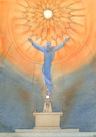 Jokaisessa messussa Kristus rukoilee puolestamme näkymättömän Isän puoleen, kun kaikki pyhät katsovat meitä ylhäältä ihmetellen ja kiitollisina, 2005 (akvarelli paperille). tekijältä Elizabeth Wang