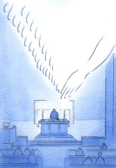 Pyhityksessä Pyhä Henki muuttaa nämä lahjat Kristuksen pyhiksi ruumiiksi ja vereksi pelkällä "kosketuksella", 2002 (paperilla) tekijältä Elizabeth Wang