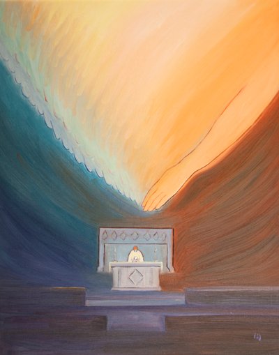 Pyhityksessä Pyhä Henki muuttaa nämä lahjat Kristuksen pyhiksi ruumiiksi ja vereksi pelkällä "kosketuksella", 2002 (paperilla) tekijältä Elizabeth Wang
