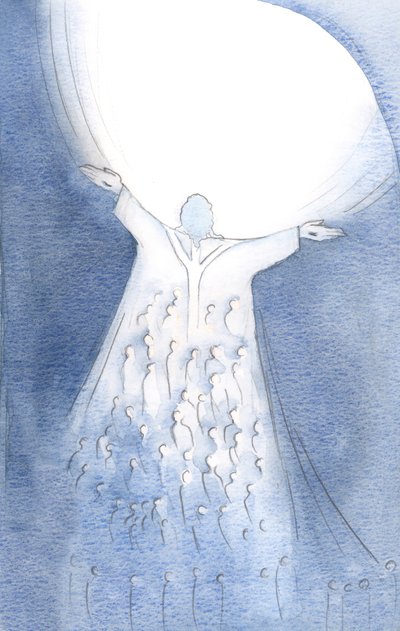 Messussa, jos yhdistämme itsemme Kristuksen uhraamiseen, olemme kuin jalokiviä Hänen viittassaan, kun hän katsoo rakkaudessa Isään, 2000 (paperilla) tekijältä Elizabeth Wang