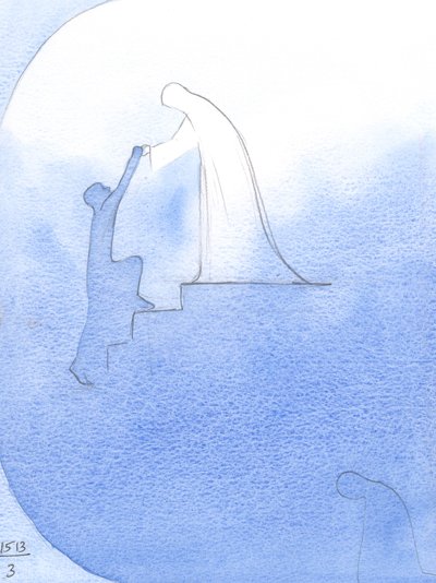 Keräten apua poismenneelle sielulle, näin Siunatun Ladymme ojentavan kätensä, nojaavan taivaan "reunan" yli vetäen hänet kunniaan., 2001 (paperilla) tekijältä Elizabeth Wang