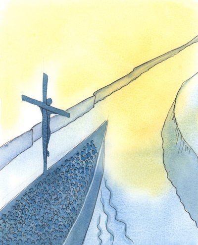Kristuksen uhrin voimalla pyhän messun aikana Kristus lävistää taivaan ja tuo meidät kaikki lähemmäksi Isää - aivan kuten silloin, kun suuri laiva saapuu suistoon tuodakseen kallisarvoisen lastinsa kotiin. tekijältä Elizabeth Wang