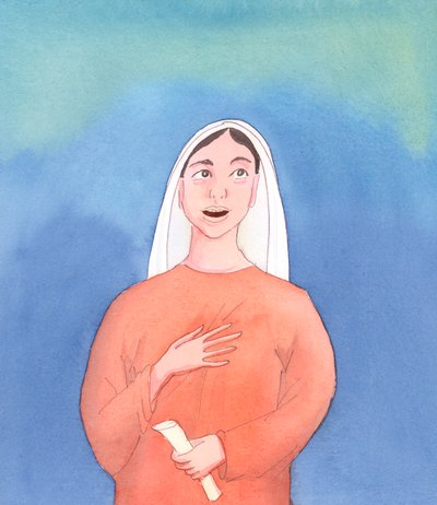 Voimmeko kuvitella, että Neitsyt Maria ei tiennyt, milloin hänen poikansa oli noussut kuolleista Hän tiesi sen hänen ylösnousemuksensa hetkellä, kun hän koki omassa sydämessään hänen autuutensa ja kirkkautensa, 2005 (akvarelli paperille). tekijältä Elizabeth Wang