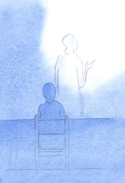 Kristus - Selkänsä minua kohti - katsoo Isän puoleen ja tarjoaa kiitos- ja armorukouksemme ennen ateriaa, 2001 (paperilla) tekijältä Elizabeth Wang