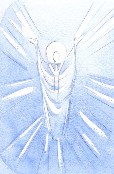 Kristus, ylösnoussut ja kirkastettu, on todella läsnä siunatussa sakramentissa. Papin kaapussa hän rukoilee meidän puolestamme Isää, 2001 (paperilla) tekijältä Elizabeth Wang
