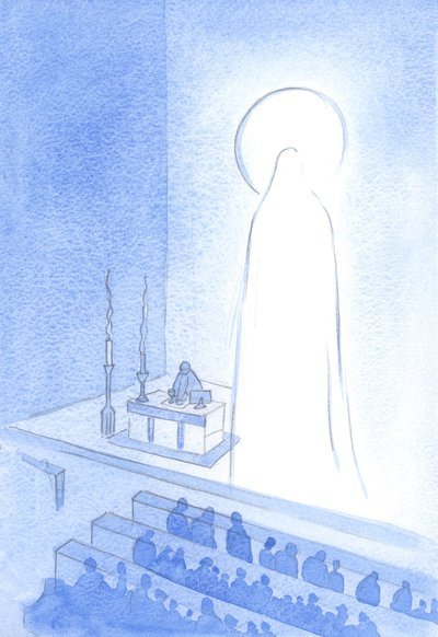 Kristus ja Hänen pyhä äitinsä ovat elossa, taivaassa nyt, kirkkaina. Olla näin ylistetty on olla majesteettinen ja täydellinen kaikella tavalla, 2001 (w/c paperilla) tekijältä Elizabeth Wang