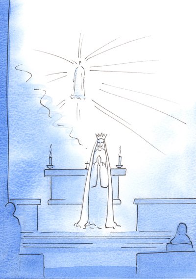 Kristus ilmestyi korkealla pyhäkössä ja lähetti alas Äitinsä kertomaan minulle hyviä uutisia. "Our Lady of Ransom" seisoi edessäni, kruunu päässään, 2003 (paperilla) tekijältä Elizabeth Wang
