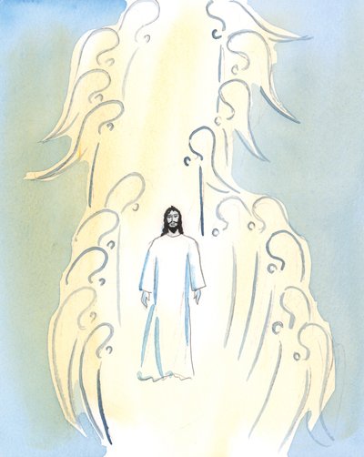 Kristus on olennaisesti läsnä kanssamme kirkossa, tabernaakkelissa, ja hän on läsnä alttarilla messun vihkimyksessä, 2005 (akvarelli paperille). tekijältä Elizabeth Wang