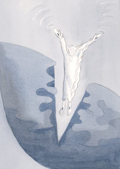 Kristus hyppää rakkaudellisesti sydämiemme kauhistuttavaan pimeään syvyyteen., 2001 (paperilla) tekijältä Elizabeth Wang