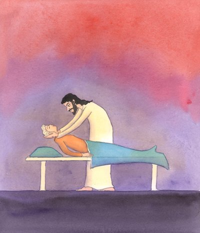 Kristus katsoo meitä kaikkia suurella hellyydellä ja rakkaudella; kuitenkin hän auttaa erityisen huolella kaikkia niitä, jotka ovat liian sairaita tai heikkoja antaakseen paljon aikaa rukoukselle, 2005 (akvarelli paperille). tekijältä Elizabeth Wang