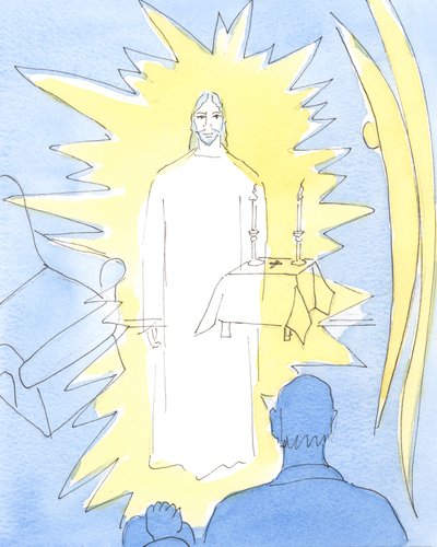 Kristus, meidän Jumalamme, joka hallitsee iankaikkisessa kirkkaudessa, on todella läsnä siunatussa sakramentissa kirkossa ja pyhän ehtoollisen vastaanottavien sairaiden kodeissa, 2004 (w/c paperilla) tekijältä Elizabeth Wang