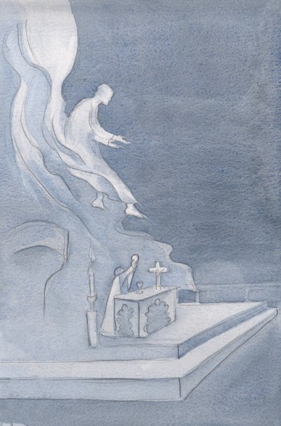 Kristus "liittyy" ystäviensä joukkoon joka kerta, kun pyhä kirkko kutsuu hänet messuun, omien sanojensa juhlallisen lausunnon kautta., 2001 (w/c paperilla) tekijältä Elizabeth Wang