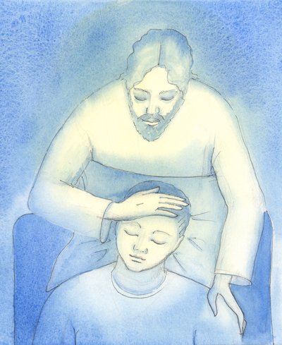 Kristus näkee tuskamme ja uupumuksemme ja tulee luoksemme pyhässä ehtoollisessa tarjoamaan lohdutusta ja varmuutta, kuin äiti silitti lapsen hiuksia., 2004 (paperilla) tekijältä Elizabeth Wang