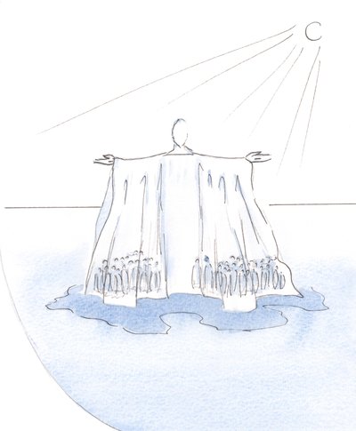 Kristus suojaa ja toimii kaikkien niiden puolesta, jotka ovat piiloutuneet Hänen vaatteensa alle; Hän on kuin teltta tai tabernaakkeli elämän autiomaassa., 2001 (w/c paperilla) tekijältä Elizabeth Wang
