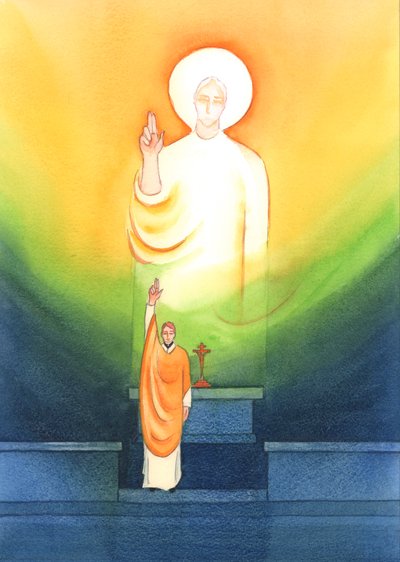 Kristus puhuu ja toimii pappien kautta, jotka siunaavat ja antavat anteeksi "in persona Christi capitis", "Kristus Pään persoonassa", 2002 (w/c paperilla) tekijältä Elizabeth Wang