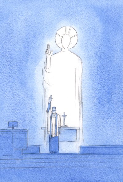 Kristus puhuu ja toimii pappien kautta, jotka siunaavat ja antavat anteeksi "in persona Christi capitis", "Kristus Pään persoonassa", 2002 (w/c paperilla) tekijältä Elizabeth Wang