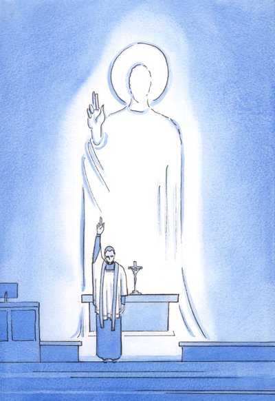 Kristus puhuu ja toimii pappien kautta, jotka siunaavat ja antavat anteeksi "in persona Christi capitis", "Kristus Pään persoonassa", 2002 (w/c paperilla) tekijältä Elizabeth Wang