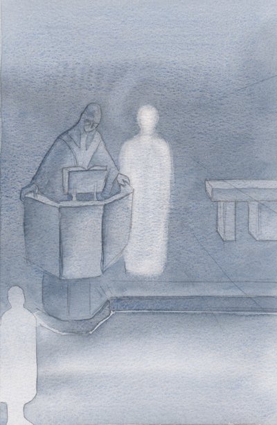 Kristus seisoi papin vieressä, joka luki meille kaikille pyhää evankeliumia, joka oli Kristuksen oma sana., 2000 (paperilla) tekijältä Elizabeth Wang