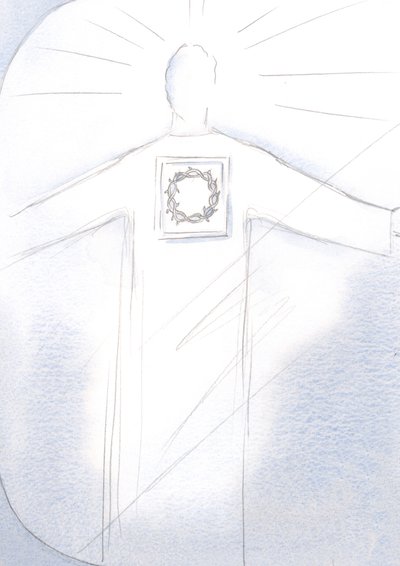 Ylipappi Kristus ilmestyy majesteettisena, hänen viittassaan on orjantappurakruunun kuva, 2001 (paperilla) tekijältä Elizabeth Wang
