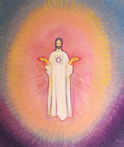 Ylimmäinen pappi Kristus ilmestyy majesteettisena, hänen viittassaan on orjantappurakruunun kuva, 2001 (öljyä aluksella) tekijältä Elizabeth Wang