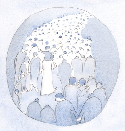 Kristus kulki kansansa keskellä, lapsi harteillaan, pyhiinvaeltajien ja sairaiden kanssa., 2001 (paperilla) tekijältä Elizabeth Wang