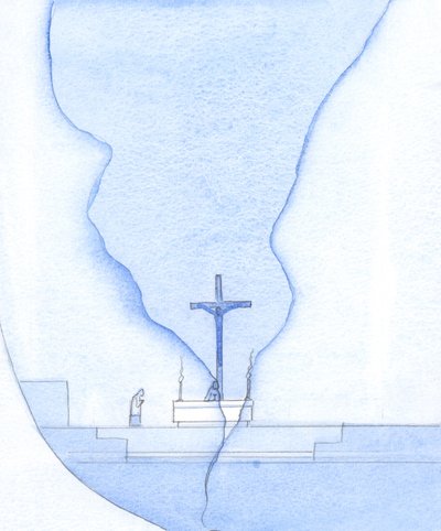 Pyhän messun aikana pyhäkön poikki ilmestyi halkeama, jonka läpi näin Kristuksen ristillä, 2002 (paperilla) tekijältä Elizabeth Wang