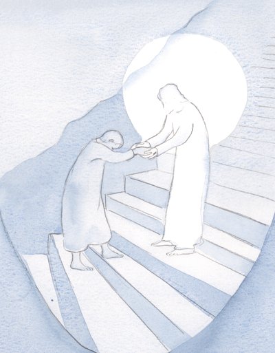 Jokainen pieni itsevarma rukous antaa Kristuksen johdattaa meidät ylös Pyhälle vuorelle. Mutta hän ei piirrä meitä ilman lupaamme., 2001 (w/c paperilla) tekijältä Elizabeth Wang