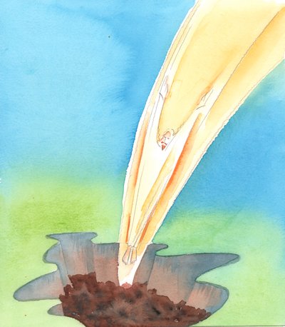 Synnittömän Kristuksen tuleminen syntiseen maailmaan oli kuin hyppy liemeen, 2005 (akvarelli paperille). tekijältä Elizabeth Wang