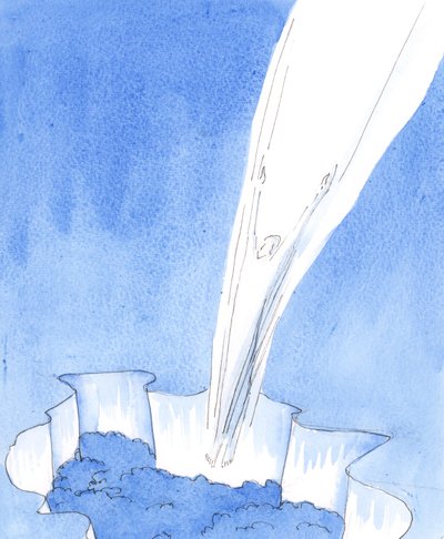 Synnittömän Kristuksen tuleminen syntiseen maailmaan oli kuin hyppy liemeen, 2005 (akvarelli paperille). tekijältä Elizabeth Wang