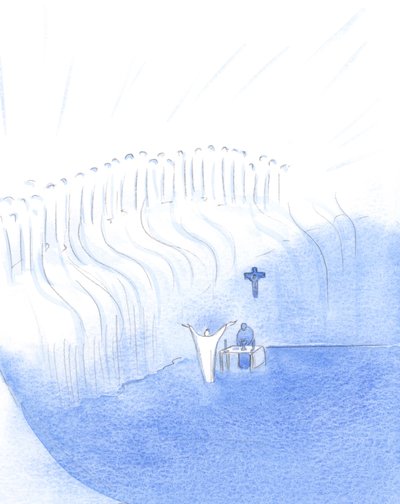 Meidän keskuudestamme, pyhässä messussa, Kristus yhdistyy taivaallisen Isänsä kanssa ja myös tervehtii taivaallisia pyhiään., 2001 (paperilla) tekijältä Elizabeth Wang