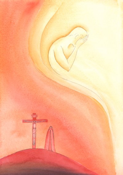 Jumala ei halua nähdä meidän kärsivän, aivan kuten Isä Jumala ei halunnut nähdä Poikansa kärsivän maan päällä, 2004 (vesiväri paperille). tekijältä Elizabeth Wang