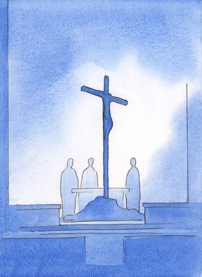 Jumala näytti minulle, että kolme pappiamme, jotka uhrasivat pyhän uhrin, seisoivat ristin ympärillä, jolla Kristus kuoli, 2002 (paperilla) tekijältä Elizabeth Wang