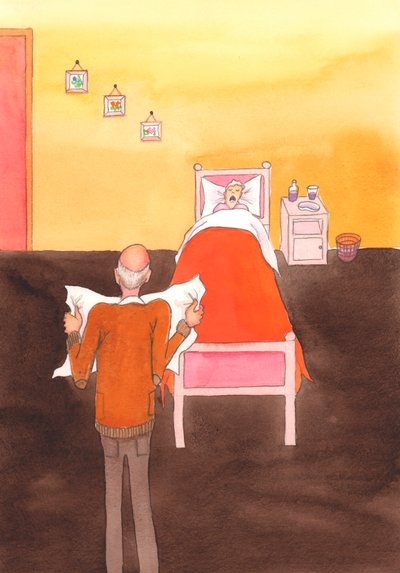 Hyvät aikomukset eivät riitä. Tappaminen on väärin, myös sairaiden ja vanhusten tappaminen, vaikka meillä olisikin hyvä tarkoitus., 2004 (akvarelli paperille). tekijältä Elizabeth Wang