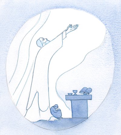 Hän näytti minulle paikan jalkojensa vieressä hengessä, jossa voisin käpertyä - ikään kuin - kun Hän rukoili kaikkien puolesta, jotka ovat liian väsyneitä puhumaan, 2000 (paperilla) tekijältä Elizabeth Wang
