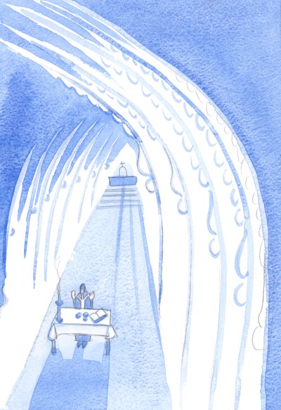 Pyhät enkelit, korkeudessa, ympäröivät alttariamme, katsoen sitä kohti, valmiina palvomaan Herraamme, kun Hän on edessämme, 2001 (paperilla) tekijältä Elizabeth Wang