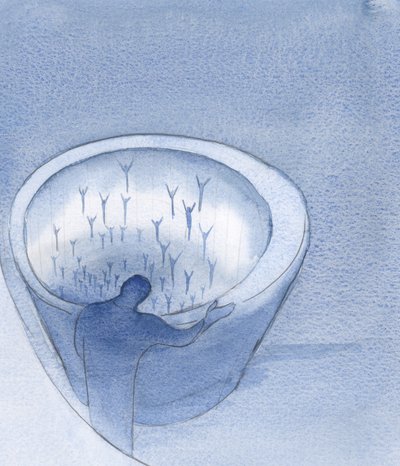 Kuinka paljon lähteneet sielut tarvitsevat rukouksiamme. Jotkut ovat lähempänä valoa; toiset ripustetaan syvyyksiin., 2001 (w/c paperilla) tekijältä Elizabeth Wang