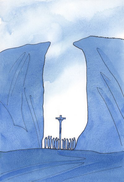 Olipa yhteisömme kuinka pieni, eristetty tai vainottu tahansa, Kristus on keskuudessamme messussa kuin kuilussa, 2001 (paperilla) tekijältä Elizabeth Wang