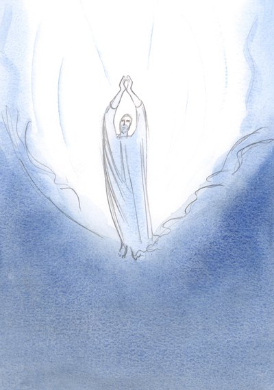 Näin Kristuksen seisovan taivaan partaalla käsivartensa ojennettuina rukoukseen: mitä tahansa pyydän Isältä, Jeesus taivaassa pyytää sitä puolestani., 2001 (paperilla) tekijältä Elizabeth Wang