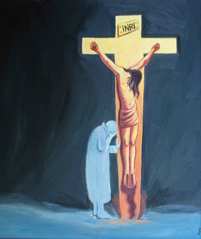 Jos kärsimyksemme vaikeuttavat rukousta, voimme yksinkertaisesti nojata ristiin, lähellä Kristusta, levätä Hänessä ja kestää kärsivällisesti vaikeutemme, 2000 (öljyä aluksella) tekijältä Elizabeth Wang