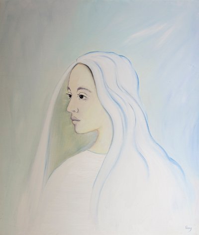 Taivaassa Neitsyt Maria jakaa poikansa huolen kaikesta, mitä maan päällä tapahtuu, 2000 (öljy aluksella) tekijältä Elizabeth Wang