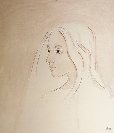 Taivaassa Neitsyt Maria jakaa poikansa huolen kaikesta, mitä maan päällä tapahtuu, 2000 (öljy aluksella) tekijältä Elizabeth Wang