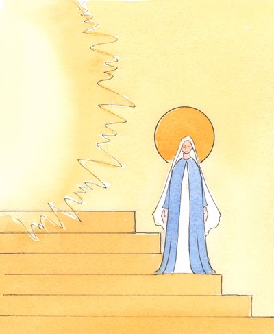 Kuvassa Taivaan hovista, jossa Isä Jumala hallitsee kirkkaudessa, Siunattu Neitsyt Maria on asetettu portaille, jotka johtavat Isän valtaistuimelle, 2004 (paperilla) tekijältä Elizabeth Wang