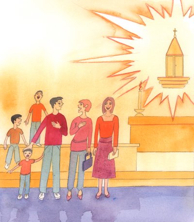 Kirkossa olemme taivaan kynnyksellä, Kristuksen, meidän Jumalamme, läsnäolossa, 2003 (paperilla) tekijältä Elizabeth Wang