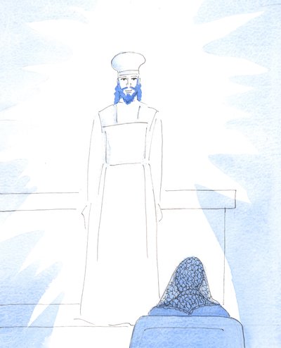 Selittäessään nöyryyttään Kristus ilmestyi minulle vihkimyksen jälkeen ylimmäisenä pappina, pukeutuneena kuin muinaisina aikoina, 2005 (akvarelli paperille). tekijältä Elizabeth Wang