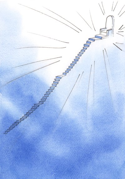 Hengellisessä elämässä edessä on portaat, hyvin jyrkät, mutta silti lepopaikkoja. Huipulla seisoo Jumalan valtaistuin. Tie on selvä, 2002 (w/c paperilla) tekijältä Elizabeth Wang
