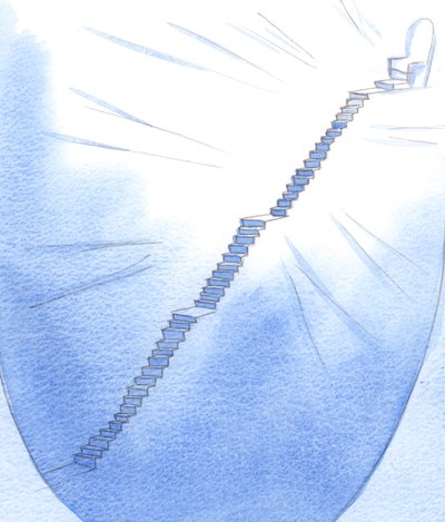 Hengellisessä elämässä edessä on portaat, hyvin jyrkät, mutta silti lepopaikkoja. Huipulla seisoo Jumalan valtaistuin. Tie on selvä, 2002 (w/c paperilla) tekijältä Elizabeth Wang