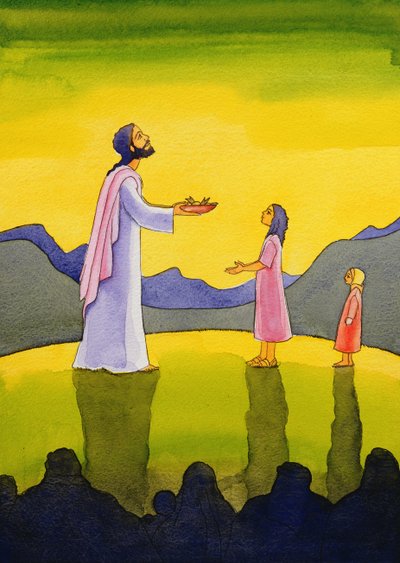 Jeesus Kristus tekee leipien ja kalan ihmeen, 2004 (w/c paperilla) tekijältä Elizabeth Wang