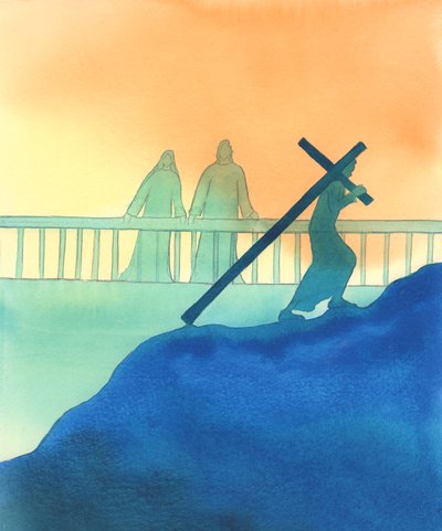 Jeesus ja Maria katsovat meihin hellästi, kun seuraamme omaa Ristin tietämme, 2000 (w/c paperilla) tekijältä Elizabeth Wang