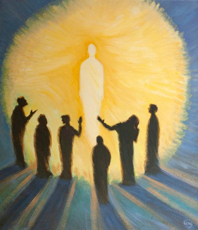 Jeesus leimahtaa taivaassa puhtaudella ja voimalla, 2000 (öljyä aluksella) tekijältä Elizabeth Wang